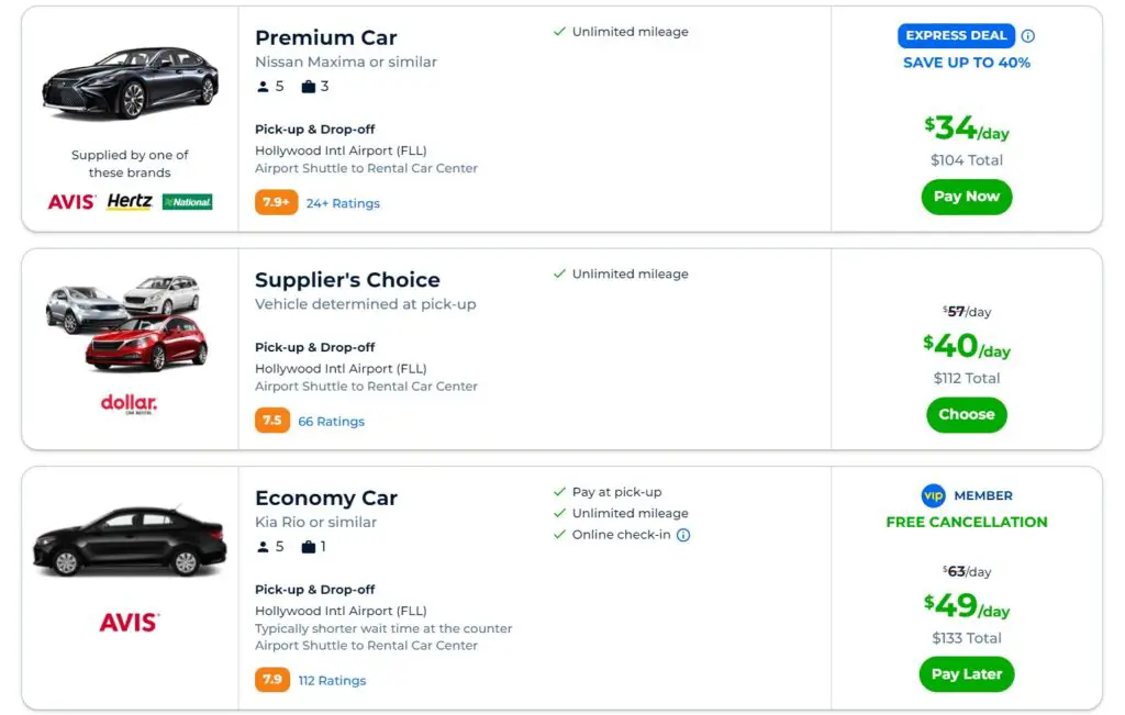 priceline car rental express deal and free cancellation option